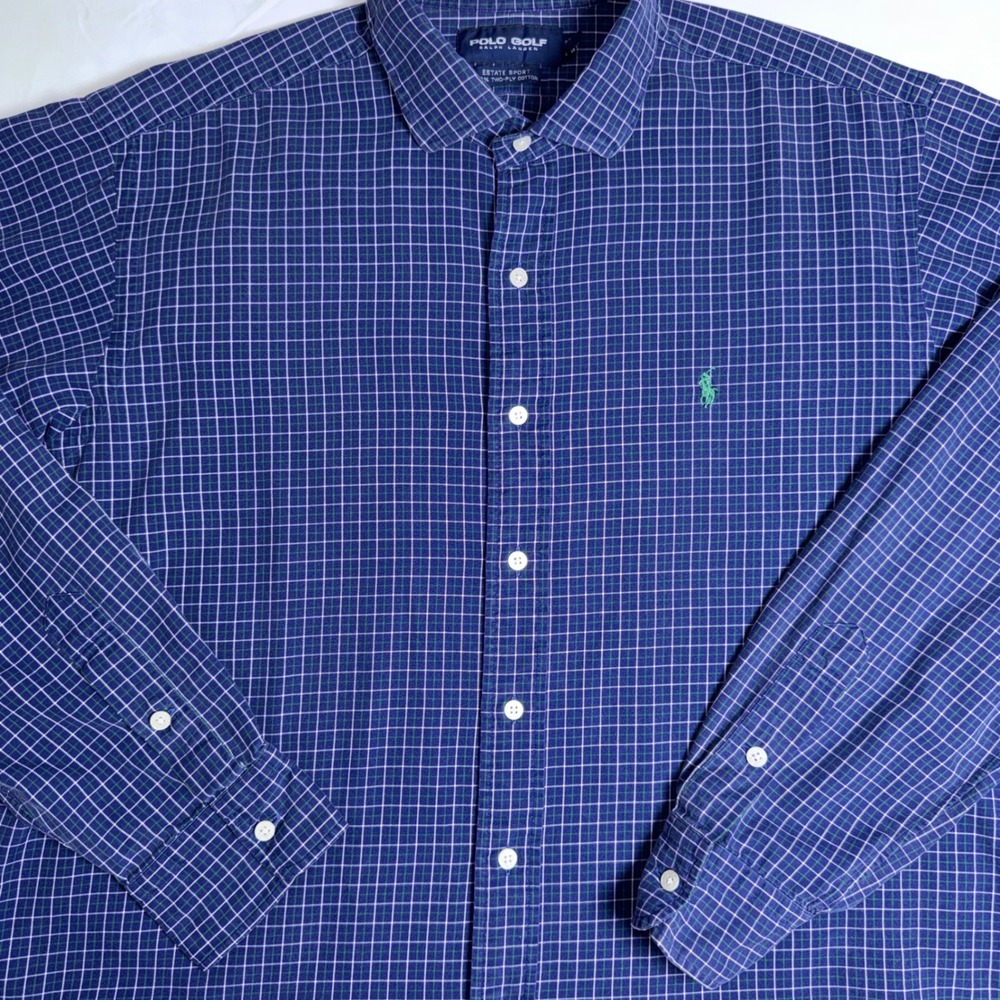 Polo Golf Ralph Lauren Estate‎ Sport Shirt Mens XL Blue Plaid 100% Cotton L/S